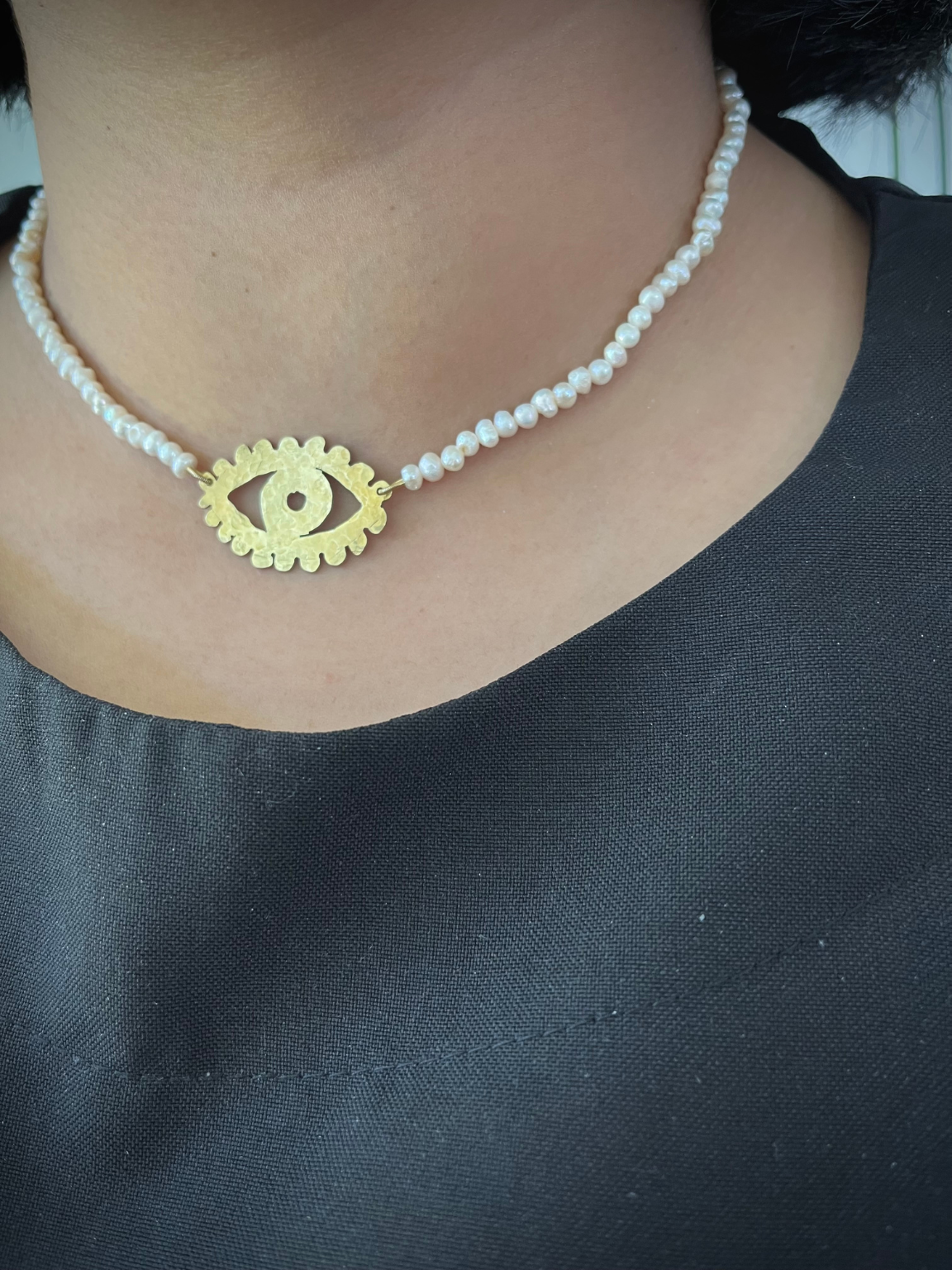 Eye of the Beholder - Brass with Fresh Water Pearls - Choker Necklace
