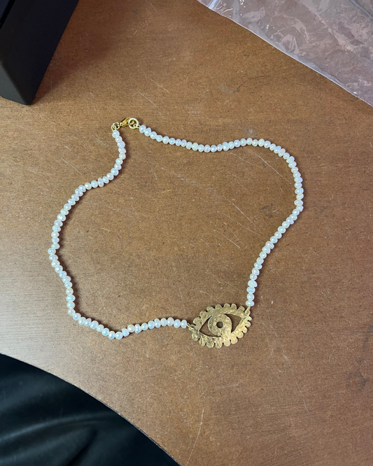 Eye of the Beholder - Brass with Fresh Water Pearls - Choker Necklace